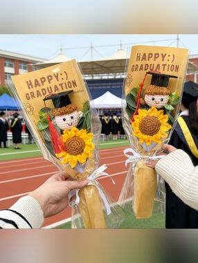 New Handmade Crochet Sunflower Graduation Bouquet - Boy Or Girl